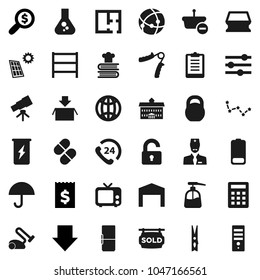 Flat vector icon set - clothespin vector, sponge, liquid soap, cookbook, university, telescope, flask, constellation, receipt, money search, arrow down, clipboard, weight, hand trainer, enegry drink