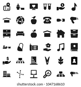 Flat vector icon set - clothespin vector, house hold, apple fruit, music, archive, constellation, investment, personal information, hierarchy, cereals, heart monitor, navigator, phone, port, vial