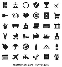 Flat vector icon set - clothespin vector, water tap, apron, cutting board, grater, cake, school building, calendar, gold ingot, punching bag, muscule hand, bottle, no fastfood, hoop, plane, ship