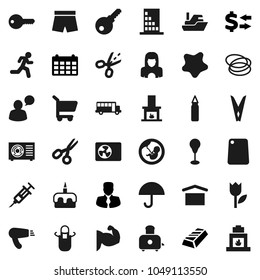 Flat vector icon set - clothespin vector, splotch, cleaner woman, apron, cutting board, toaster, cake, scissors, school bus, exchange, gold ingot, manager, calendar, punching bag, muscule hand, hoop