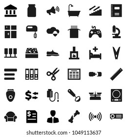 Flat vector icon set - clothespin vector, sponge, shining window, ladle, jar, pasta, copybook, ruler, schedule, scissors, bank, exchange, manager, annual report, binder, snickers, stairways run
