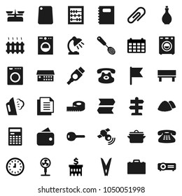 Flat vector icon set - clothespin vector, steaming, garbage pile, pan, oil, skimmer, cutting board, copybook, case, table lamp, calculator, abacus, flag, bank building, clock, calendar, measuring