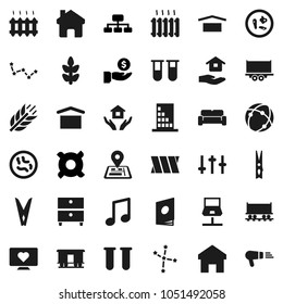 Flat vector icon set - clothespin vector, house hold, music, archive, constellation, investment, hierarchy, any currency, cereals, heart monitor, navigator, Railway carriage, truck trailer, settings
