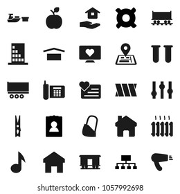 Flat vector icon set - clothespin vector, house hold, apple fruit, music, personal information, hierarchy, any currency, heart monitor, navigator, Railway carriage, phone, truck trailer, port, vial