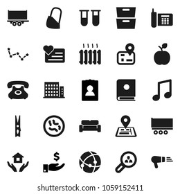 Flat vector icon set - clothespin vector, house hold, apple fruit, music, archive, constellation, investment, personal information, heart monitor, navigator, phone, truck trailer, vial, microbs