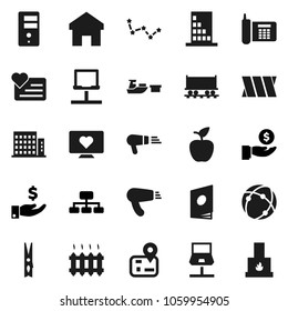 Flat vector icon set - clothespin vector, apple fruit, constellation, investment, hierarchy, heart monitor, navigator, Railway carriage, phone, port, bandage, connection, notebook network, server