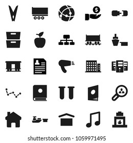 Flat vector icon set - clothespin vector, apple fruit, music, archive, constellation, investment, personal information, hierarchy, Railway carriage, truck trailer, port, dry cargo, vial, connection