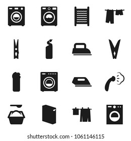 Flat vector icon set - clothespin vector, steaming, drying clothes, washer, washing powder, cleaning agent, washboard, iron