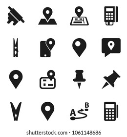 Flat vector icon set - clothespin vector, rolling pin, navigator, map, traking, route, thumbtack, card reader