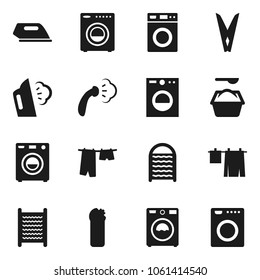 Flat vector icon set - clothespin vector, steaming, drying clothes, washer, washing powder, cleaning agent, washboard, iron