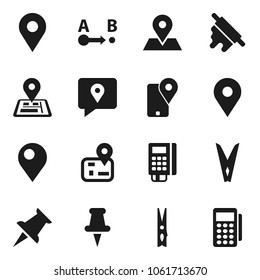 Flat vector icon set - clothespin vector, rolling pin, navigator, map, traking, route, thumbtack, card reader