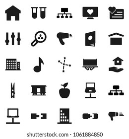 Flat vector icon set - clothespin vector, house hold, apple fruit, music, constellation, hierarchy, heart monitor, truck trailer, dry cargo, Railway carriage, settings, vial, notebook network, home