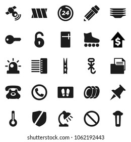 Flat vector icon set - clothespin vector, welcome mat, plates, pencil, table lamp, dollar growth, roller Skates, prohibition sign, phone, document, no hook, protected, satellitie, thumbtack, bandage