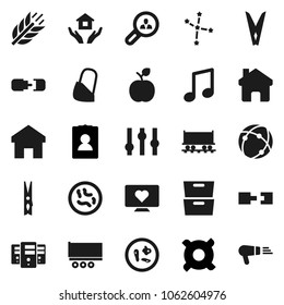 Flat vector icon set - clothespin vector, house hold, apple fruit, music, archive, constellation, personal information, any currency, cereals, heart monitor, Railway carriage, truck trailer, microbs
