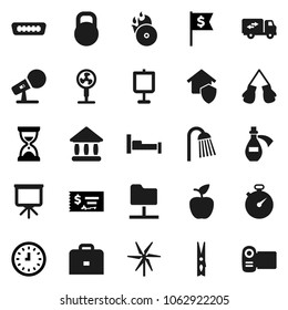 Flat vector icon set - clothespin vector, shower, case, apple fruit, presentation, university, check, clock, sand, dollar flag, stopwatch, boxing glove, weight, music hit, microphone, hdmi, potion