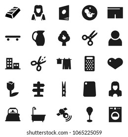 Flat vector icon set - clothespin vector, bath, drying clothes, cleaner woman, kettle, cutting board, grater, jug, scissors, gold ingot, punching bag, shorts, skateboard, signpost, tulip, satellitie