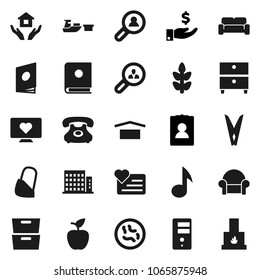 Flat vector icon set - clothespin vector, house hold, apple fruit, music, archive, investment, personal information, cereals, heart monitor, phone, port, dry cargo, microbs, bandage, server, catalog