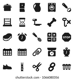 Flat vector icon set - clothespin vector, sponge, pan, skimmer, ladle, jug, alarm clock, scissors, abacus, calendar, snickers, bone, no hook, big scales, sand, chain, attachment, stop, washer