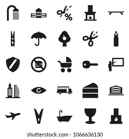 Flat vector icon set - clothespin vector, bath, shower, cake, school building, blackboard, bus, punching bag, skateboard, no fastfood, plane, glass, umbrella, eye, shield, key, fruit tree, office