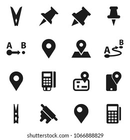 Flat vector icon set - clothespin vector, rolling pin, paper, navigator, map, traking, route, thumbtack, card reader