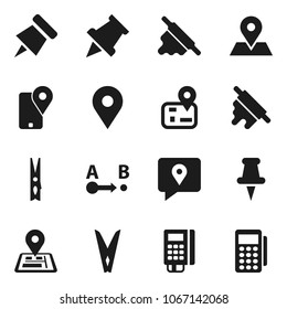 Flat vector icon set - clothespin vector, rolling pin, paper, navigator, map, traking, route, thumbtack, card reader