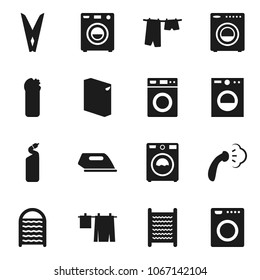 Flat vector icon set - clothespin vector, steaming, drying clothes, washer, washing powder, cleaning agent, washboard, iron