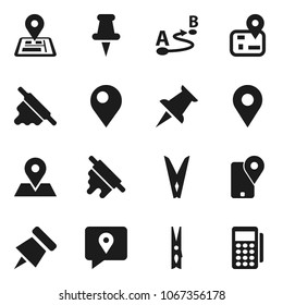 Flat vector icon set - clothespin vector, rolling pin, paper, navigator, map, traking, route, thumbtack, card reader