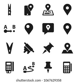 Flat vector icon set - clothespin vector, rolling pin, navigator, map, tracking, route, thumbtack, card reader