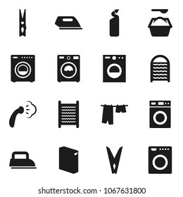 Flat vector icon set - clothespin vector, steaming, drying clothes, washer, washing powder, cleaning agent, washboard, iron
