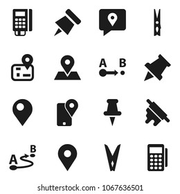 Flat vector icon set - clothespin vector, rolling pin, paper, navigator, map, tracking, route, thumbtack, card reader