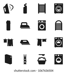 Flat vector icon set - clothespin vector, steaming, drying clothes, washer, washing powder, cleaning agent, washboard, iron