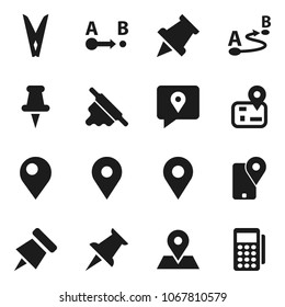 Flat vector icon set - clothespin vector, rolling pin, paper, navigator, map, traking, route, thumbtack, card reader