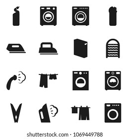 Flat vector icon set - clothespin vector, steaming, drying clothes, washer, washing powder, cleaning agent, washboard, iron