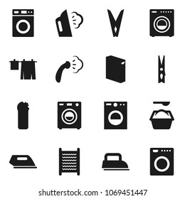 Flat vector icon set - clothespin vector, steaming, drying clothes, washer, washing powder, cleaning agent, washboard, iron