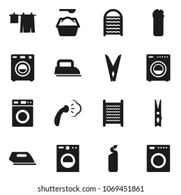 Flat vector icon set - clothespin vector, steaming, drying clothes, washer, washing powder, cleaning agent, washboard, iron