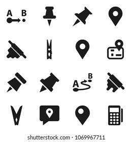 Flat vector icon set - clothespin vector, rolling pin, paper, navigator, map, traking, route, thumbtack, card reader