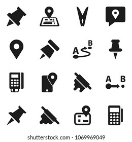 Flat vector icon set - clothespin vector, rolling pin, paper, navigator, traking, route, thumbtack, card reader