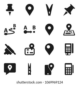 Flat vector icon set - clothespin vector, rolling pin, navigator, map, traking, route, thumbtack, card reader