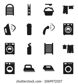 Flat vector icon set - clothespin vector, steaming, drying clothes, washer, washing powder, cleaning agent, washboard, iron