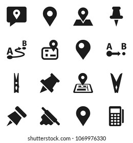 Flat vector icon set - clothespin vector, rolling pin, paper, navigator, map, traking, route, thumbtack, card reader