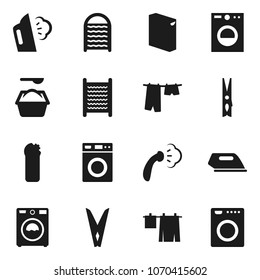 Flat vector icon set - clothespin vector, steaming, drying clothes, washer, washing powder, cleaning agent, washboard, iron