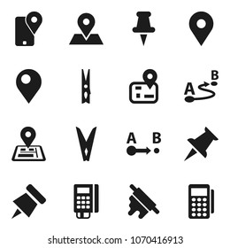 Flat vector icon set - clothespin vector, rolling pin, paper, navigator, map, traking, route, thumbtack, card reader