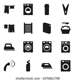 Flat vector icon set - clothespin vector, steaming, drying clothes, washer, washing powder, cleaning agent, washboard, iron