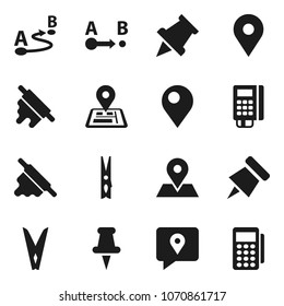 Flat vector icon set - clothespin vector, rolling pin, paper, navigator, map, traking, route, thumbtack, card reader