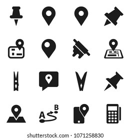 Flat vector icon set - clothespin vector, rolling pin, paper, navigator, map, traking, route, thumbtack, card reader