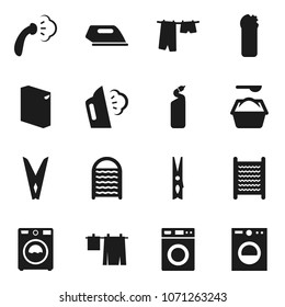 Flat vector icon set - clothespin vector, steaming, drying clothes, washer, washing powder, cleaning agent, washboard, iron