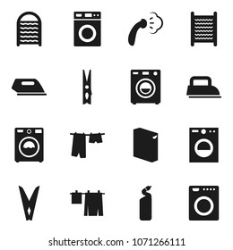 Flat vector icon set - clothespin vector, steaming, drying clothes, washer, washing powder, cleaning agent, washboard, iron
