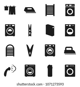 Flat vector icon set - clothespin vector, steaming, drying clothes, washer, washing powder, cleaning agent, washboard, iron