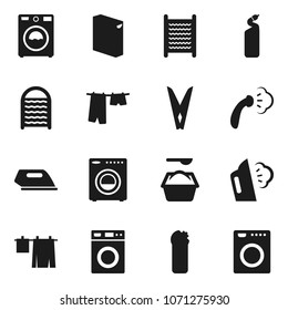 Flat vector icon set - clothespin vector, steaming, drying clothes, washer, washing powder, cleaning agent, washboard, iron