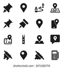 Flat vector icon set - clothespin vector, rolling pin, paper, navigator, map, traking, route, thumbtack, card reader